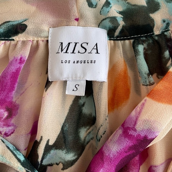 Misa- Multicolored Large Floral Longsleeve Mini Ruffle Dress with Neck Tie - Picture 3 of 10